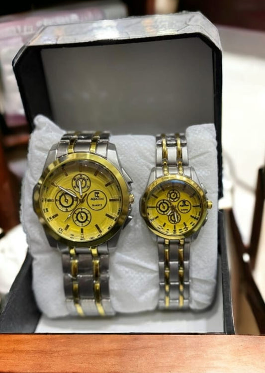 Couple’s Stainless Steel Two Tone Color Silver Gold Chain Wristwatch Set For Men & Women