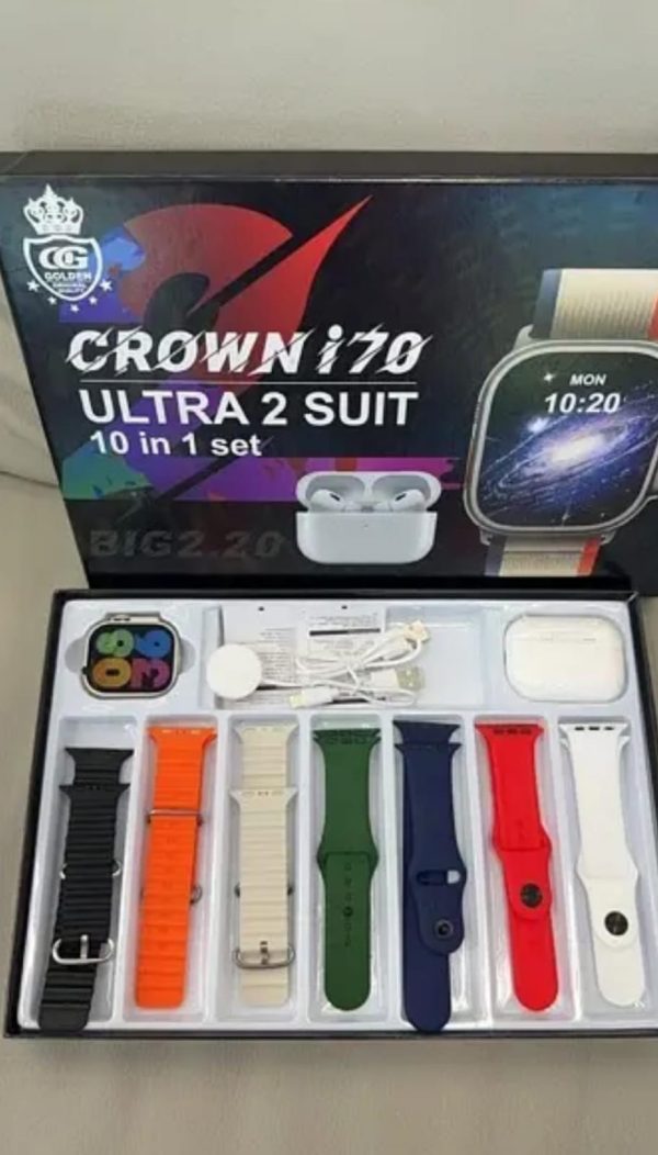 Crown I70 Ultra 2 Suit 10+1 Set Big 2.20 Smart Watch And Airpods