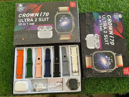 Crown I70 Ultra 2 Suit 10+1 Set Big 2.20 Smart Watch And Airpods