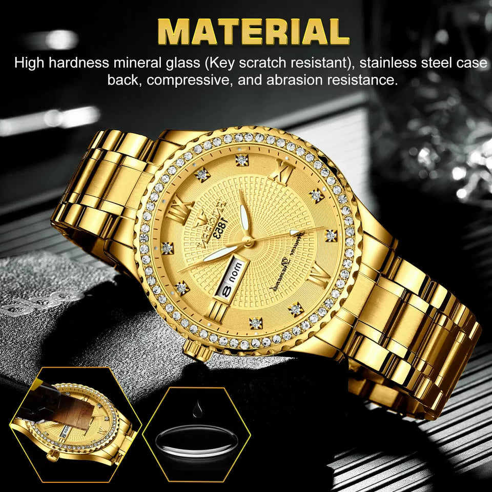 Waterproof Gold Men's Watch Classic Stainless Steel Quartz Analog Business Gift